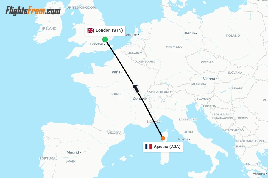 Flights from Ajaccio to London route map
