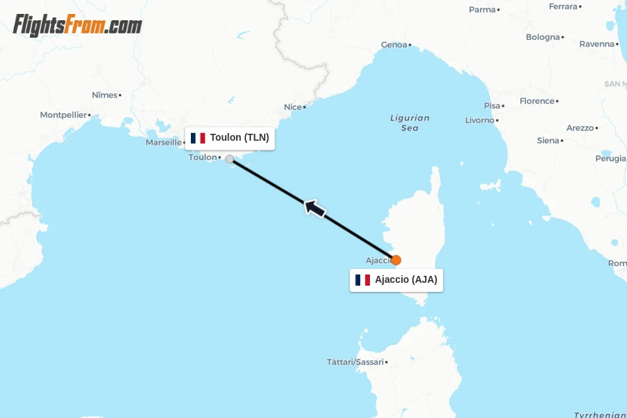 Flights from Ajaccio to Toulon route map