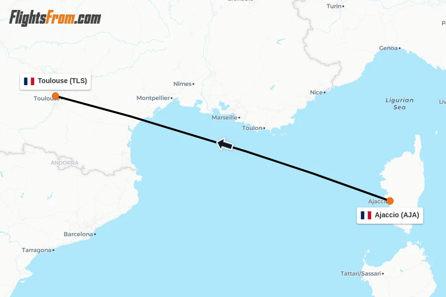 Flights from Ajaccio to Toulouse route map