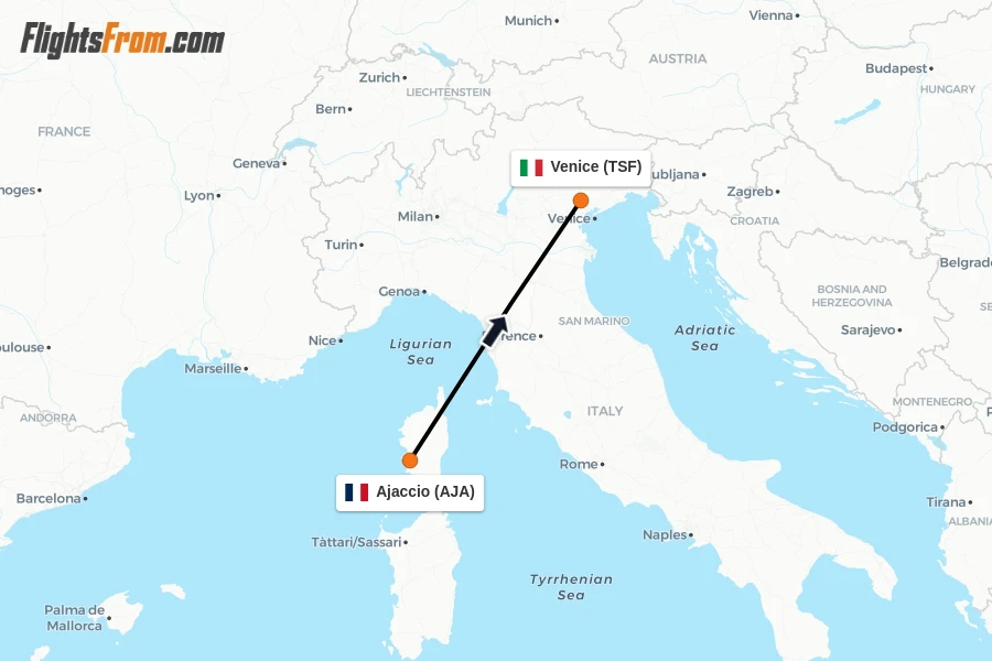 Flights from Ajaccio to Venice route map