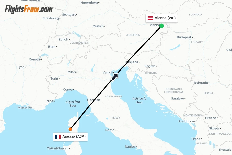 Flights from Ajaccio to Vienna route map