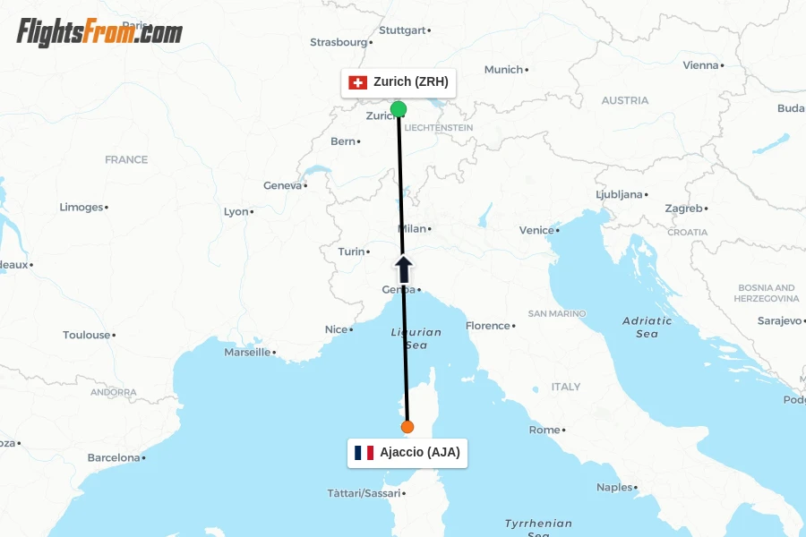 Flights from Ajaccio to Zurich route map