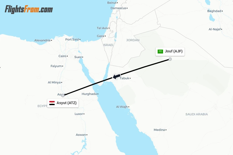 Flights from Jouf to Asyut route map