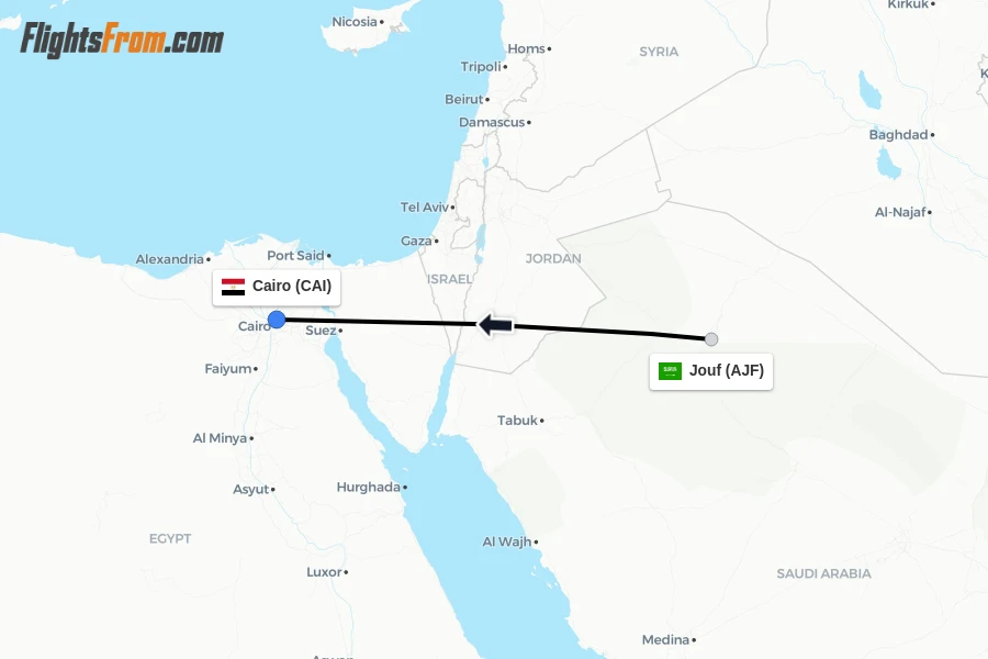 Flights from Jouf to Cairo route map