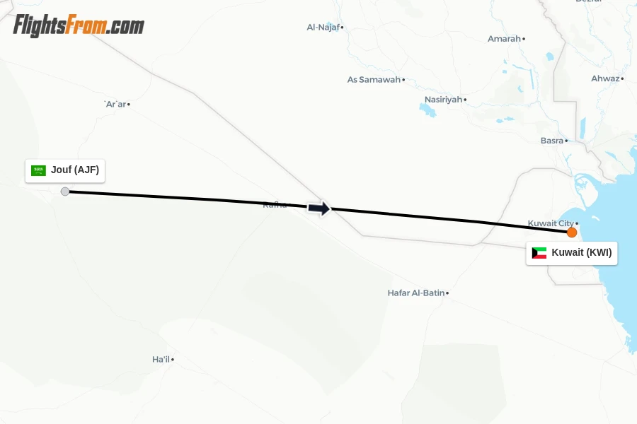 Flights from Jouf to Kuwait route map