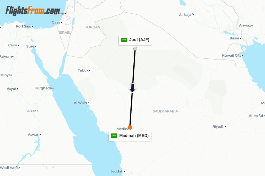 Flights from Jouf to Madinah route map