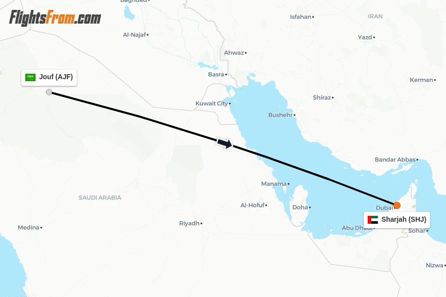 Flights from Jouf to Sharjah route map