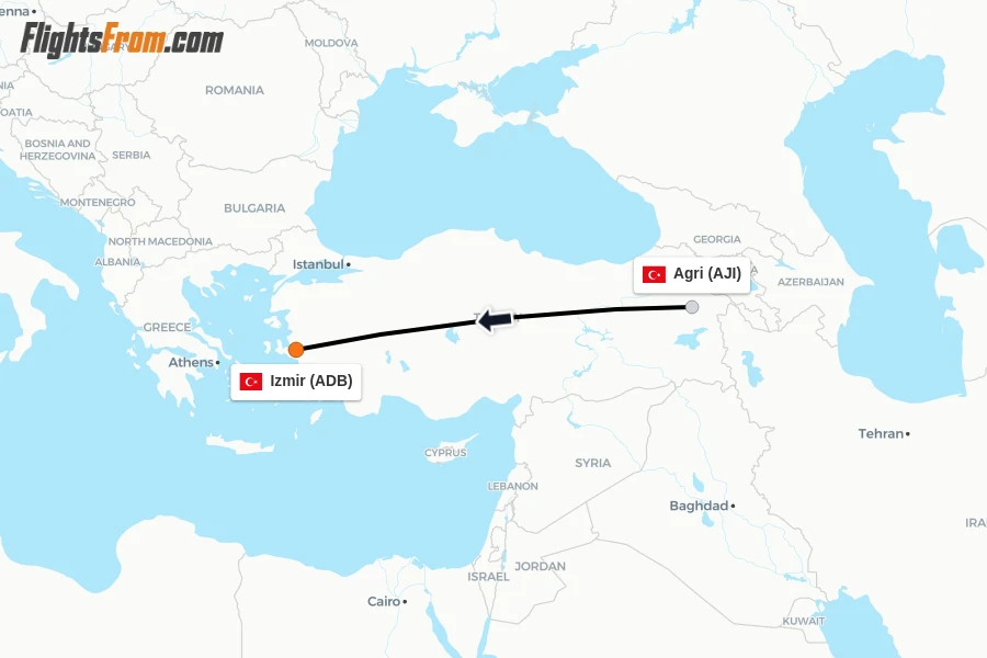 Flights from Agri to Izmir route map