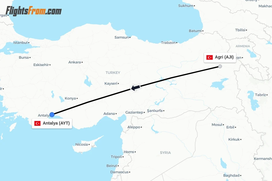 Flights from Agri to Antalya route map