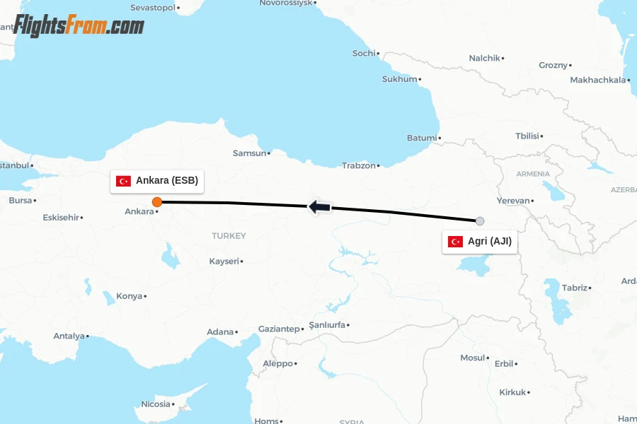 Flights from Agri to Ankara route map