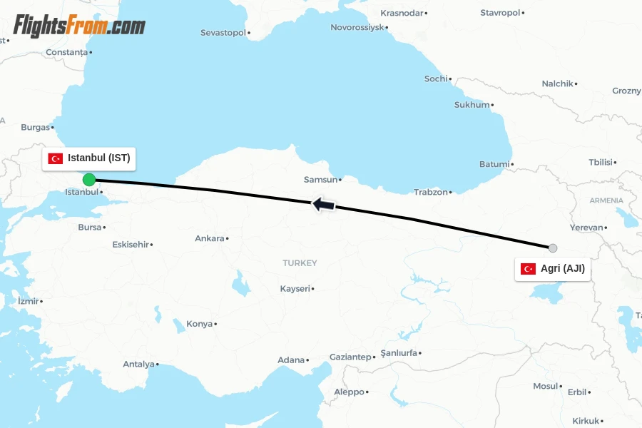 Flights from Agri to Istanbul route map