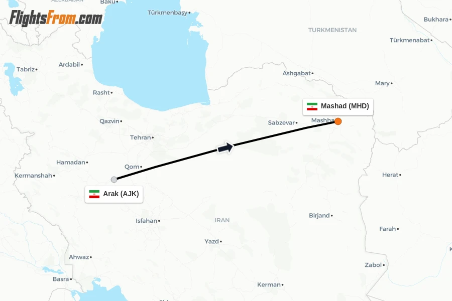Flights from Arak to Mashad route map