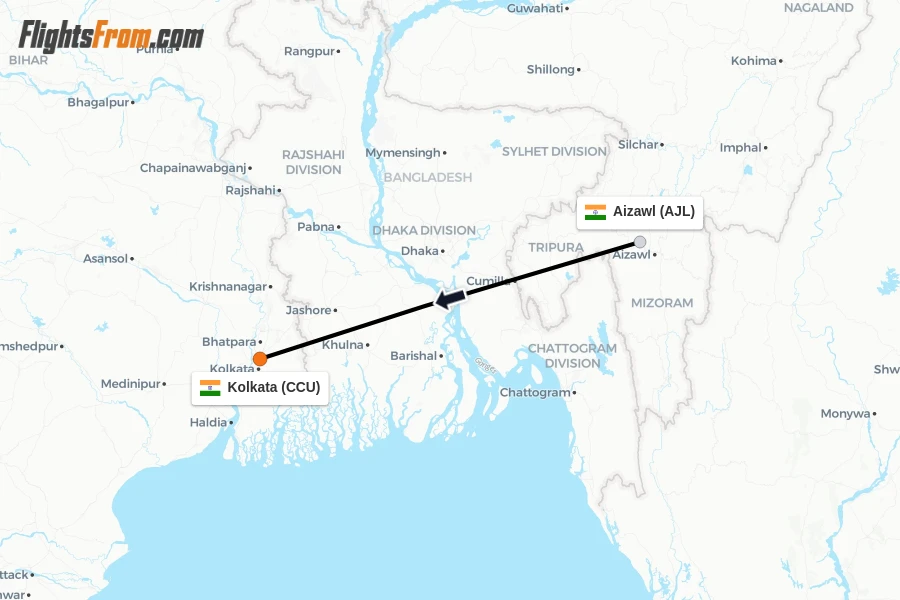 Flights from Aizawl to Kolkata route map