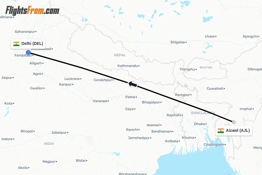 Flights from Aizawl to Delhi route map
