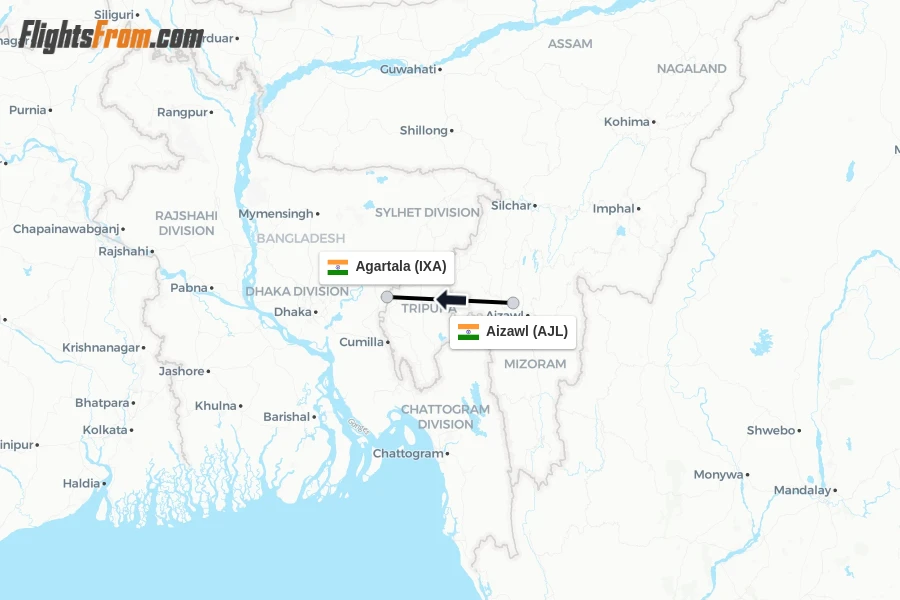 Flights from Aizawl to Agartala route map