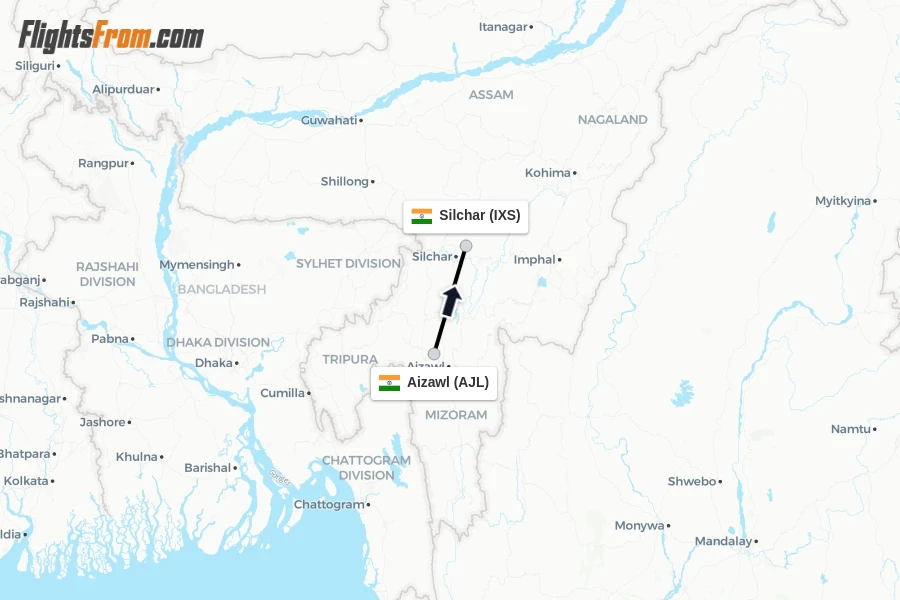 Flights from Aizawl to Silchar route map