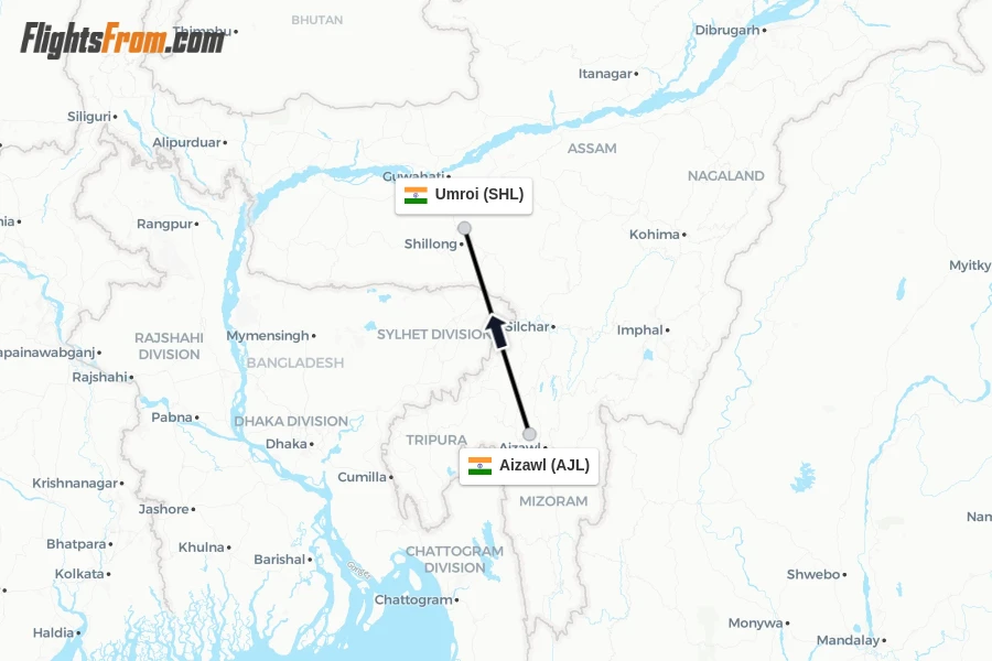 Flights from Aizawl to Umroi route map