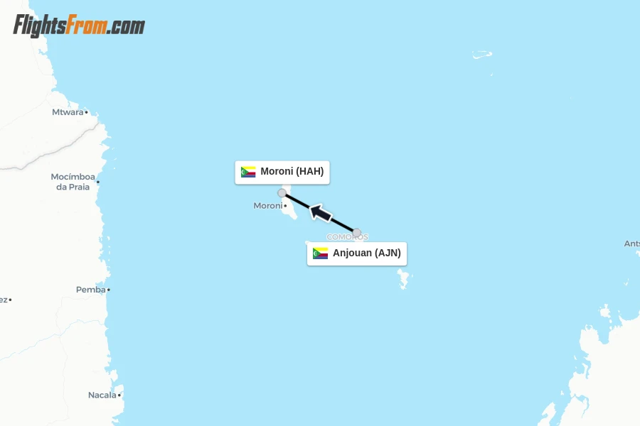 Flights from Anjouan to Moroni route map