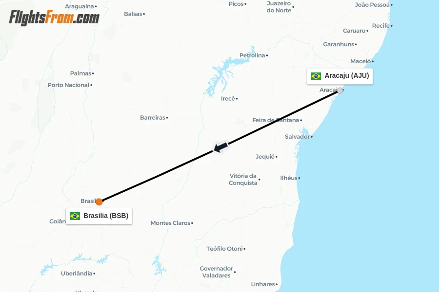 Flights from Aracaju to Brasilia route map