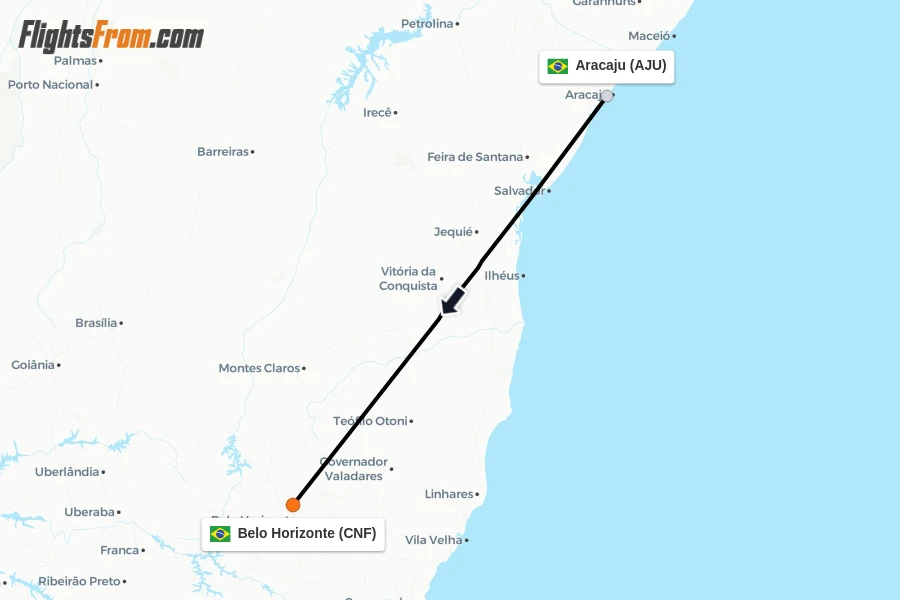Flights from Aracaju to Belo Horizonte route map