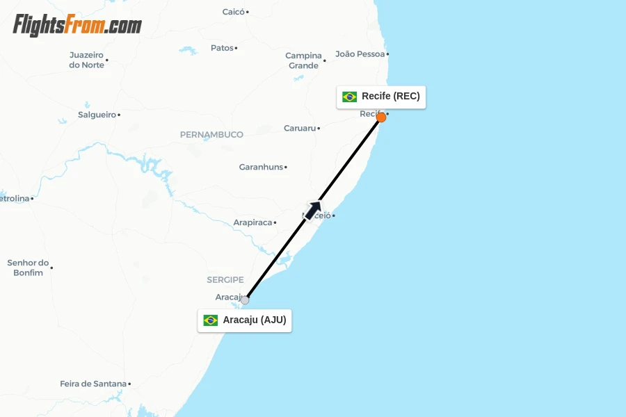 Flights from Aracaju to Recife route map