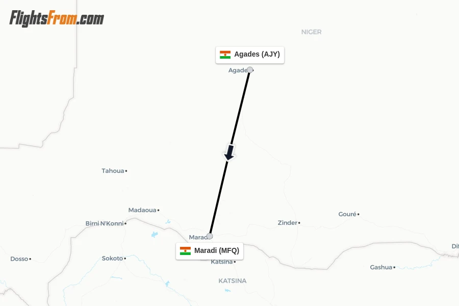 Flights from Agades to Maradi route map