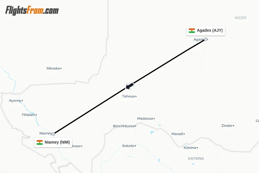 Flights from Agades to Niamey route map