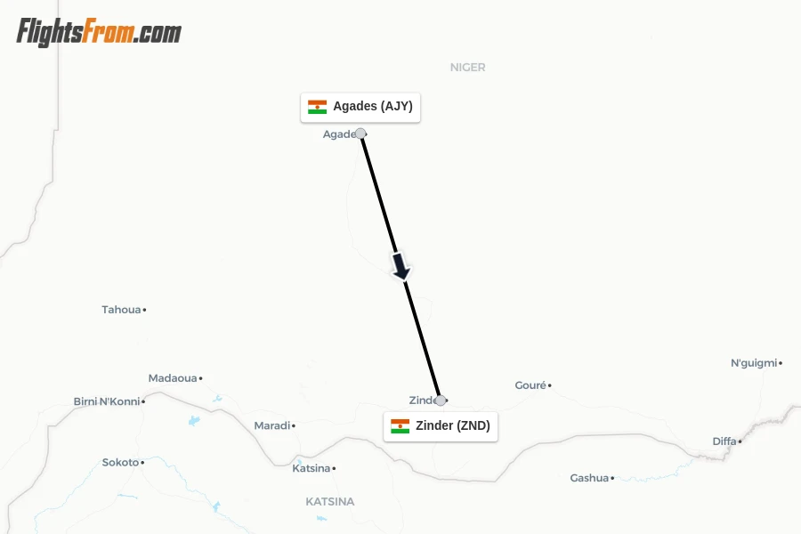 Flights from Agades to Zinder route map