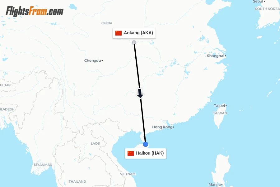 Flights from Ankang to Haikou route map