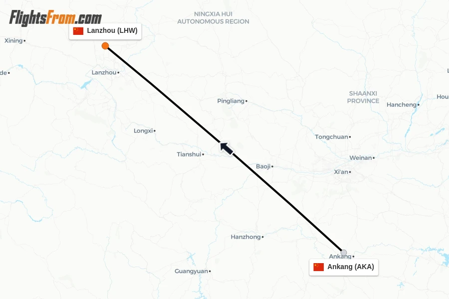 Flights from Ankang to Lanzhou route map