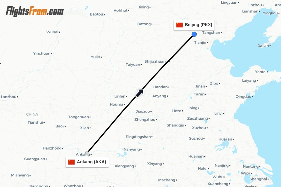 Flights from Ankang to Beijing route map