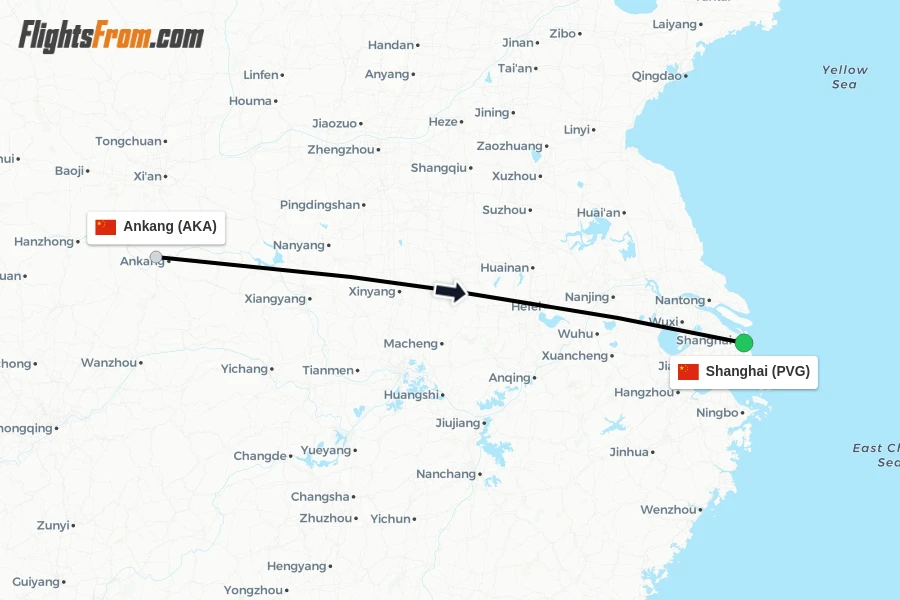 Flights from Ankang to Shanghai route map
