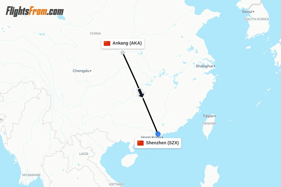 Flights from Ankang to Shenzhen route map