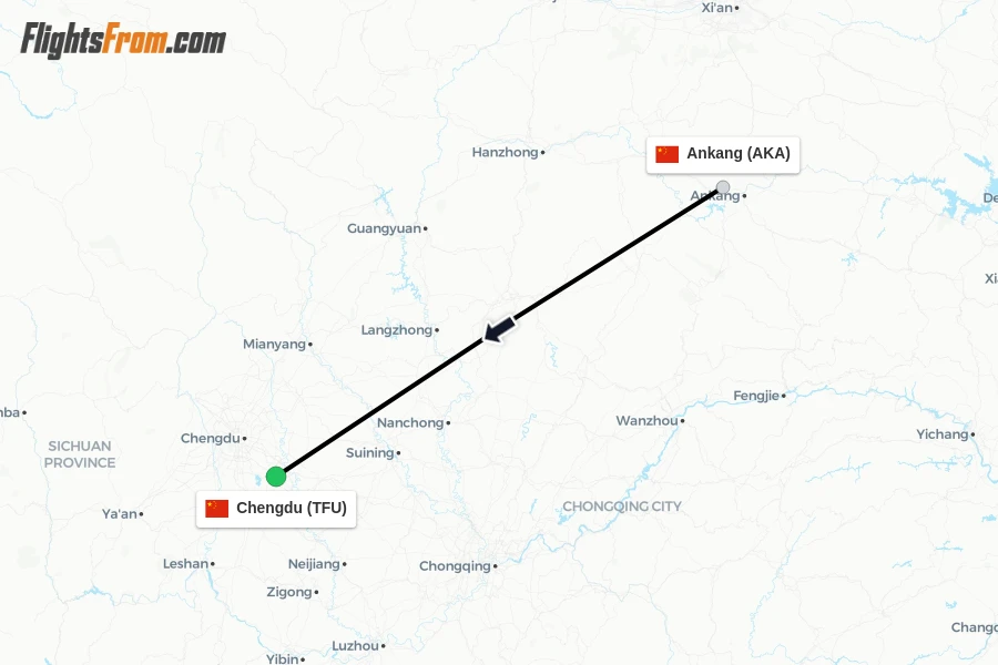 Flights from Ankang to Chengdu route map