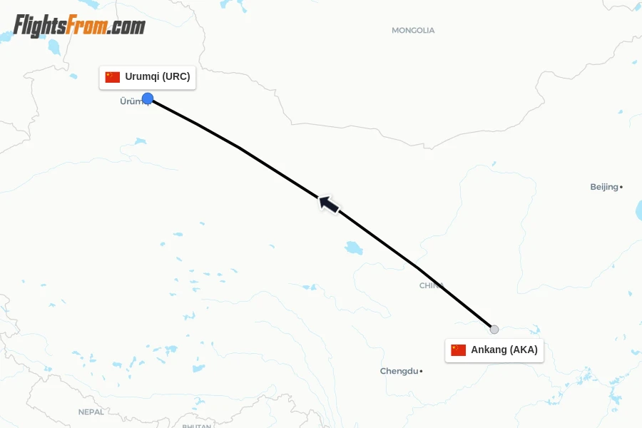 Flights from Ankang to Urumqi route map