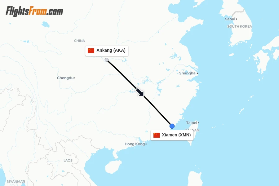 Flights from Ankang to Xiamen route map
