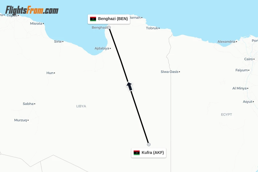 Flights from Kufra to Benghazi route map
