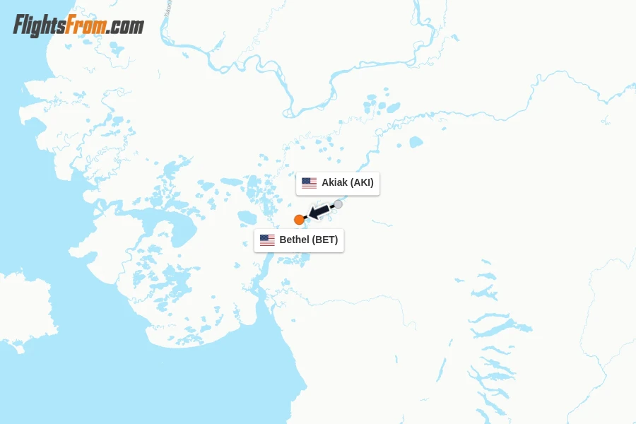 Flights from Akiak to Bethel route map