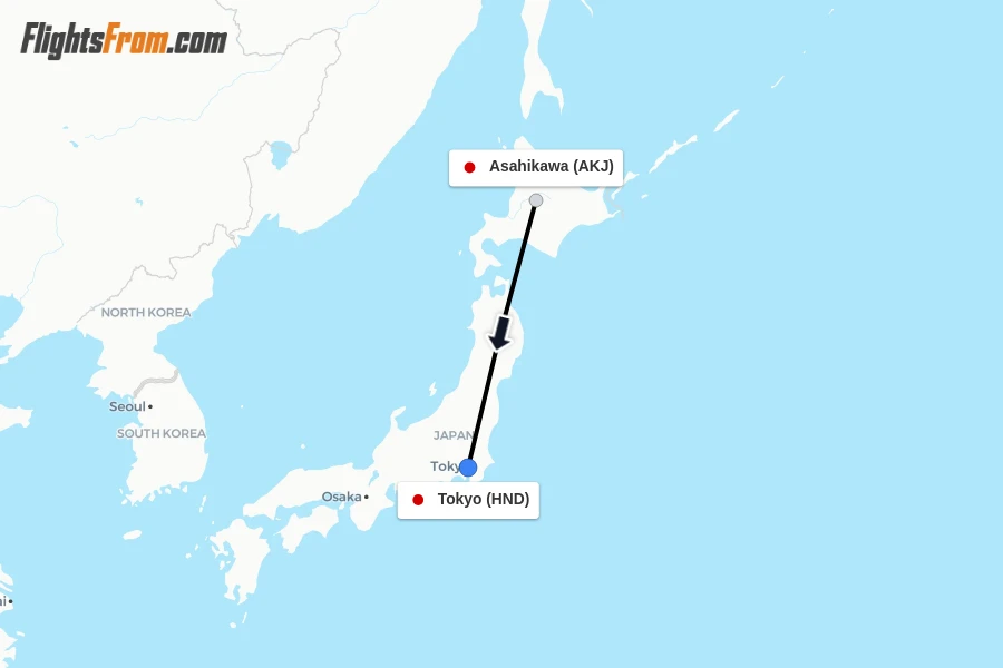 Flights from Asahikawa to Tokyo route map