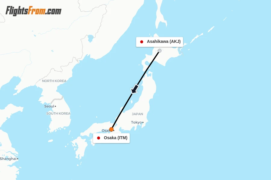 Flights from Asahikawa to Osaka route map
