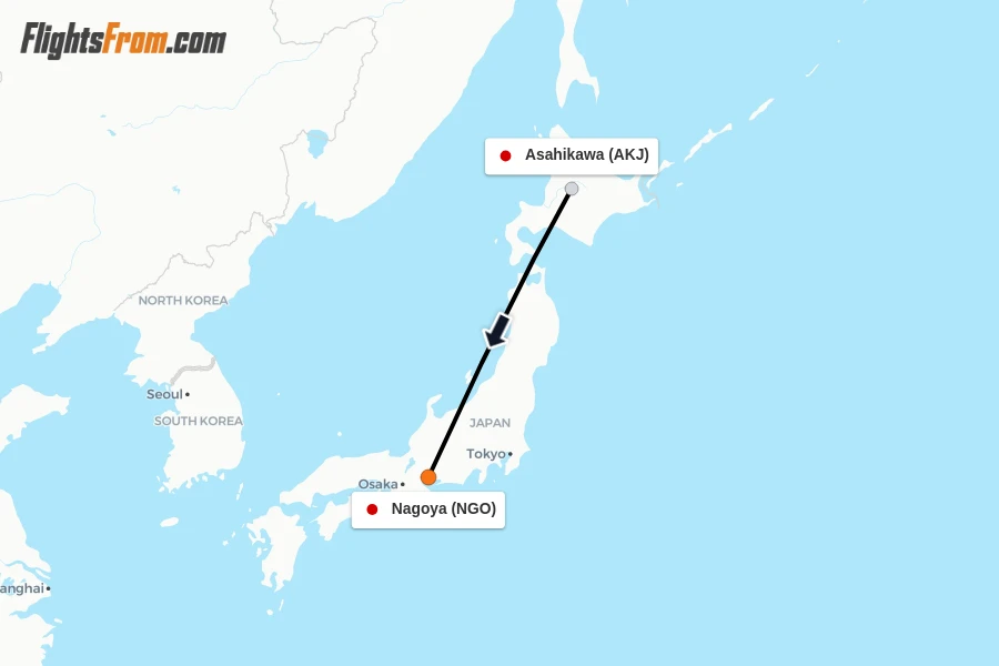 Flights from Asahikawa to Nagoya route map