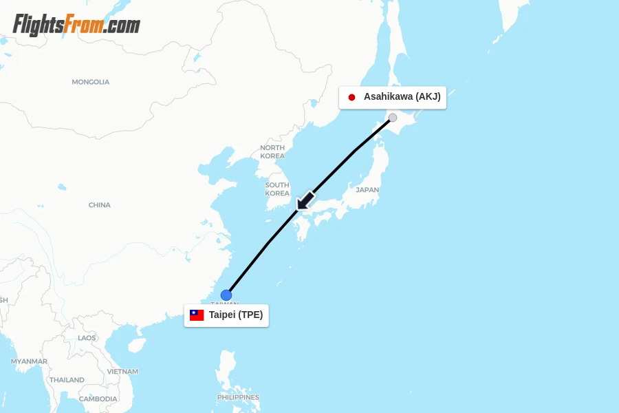 Flights from Asahikawa to Taipei route map