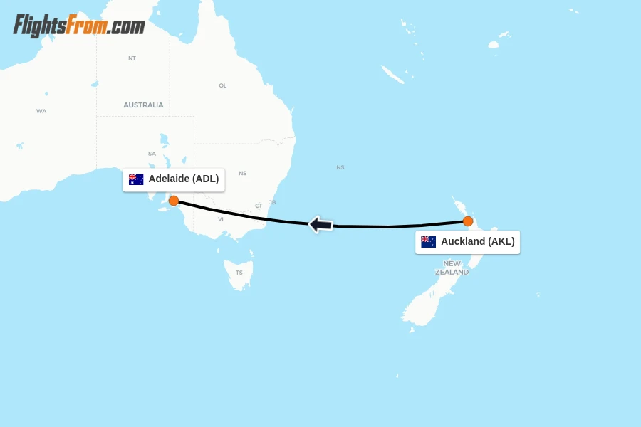 Flights from Auckland to Adelaide route map