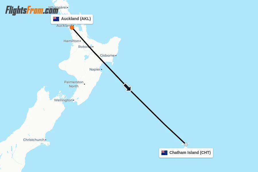 Flights from Auckland to Chatham Island route map