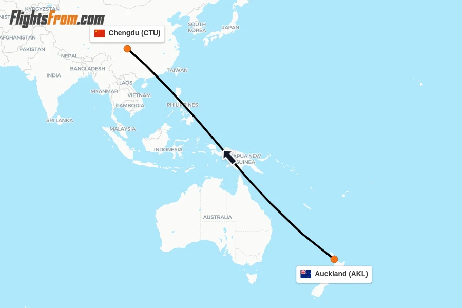 Flights from Auckland to Chengdu route map