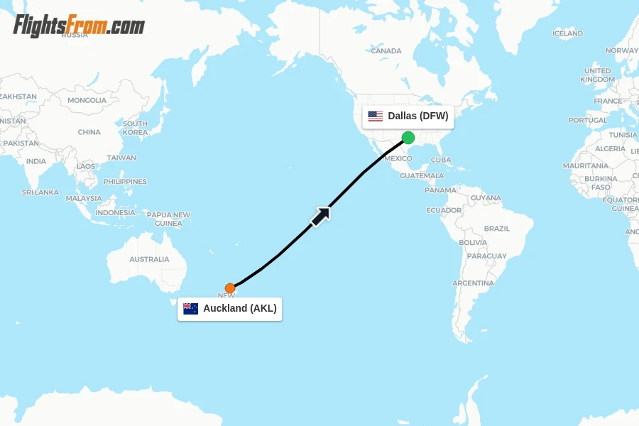 Flights from Auckland to Dallas route map