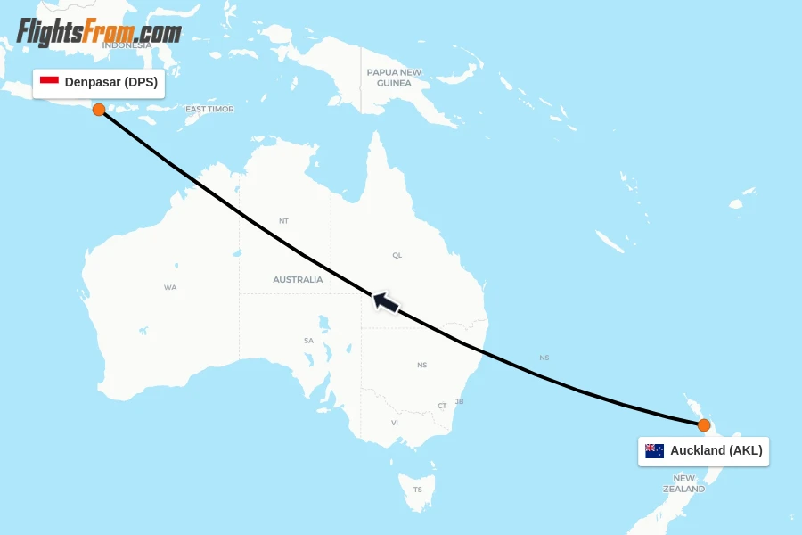 Flights from Auckland to Denpasar route map
