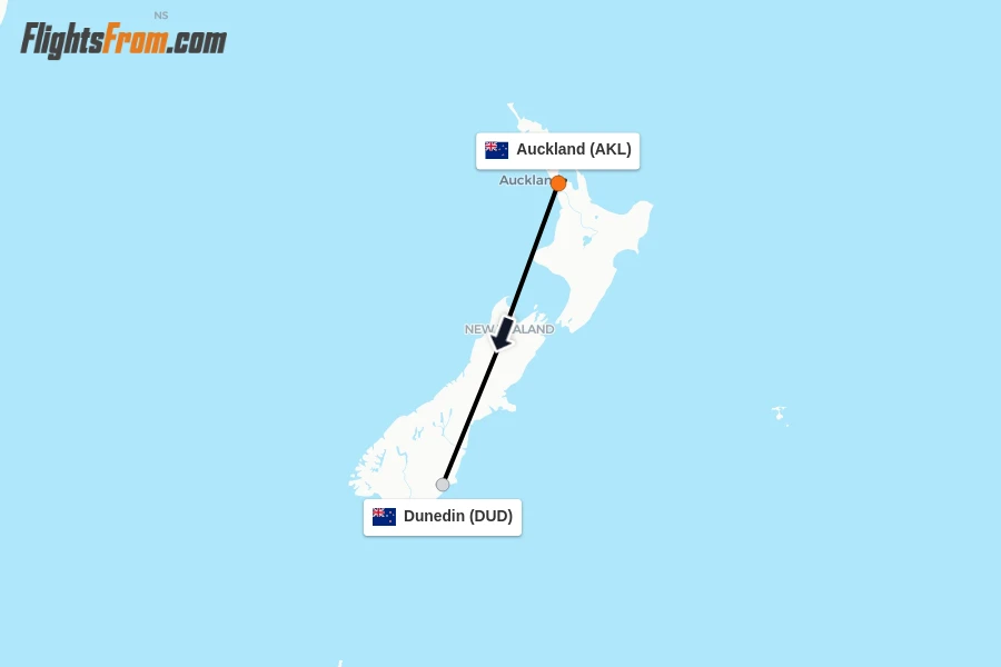 Flights from Auckland to Dunedin route map