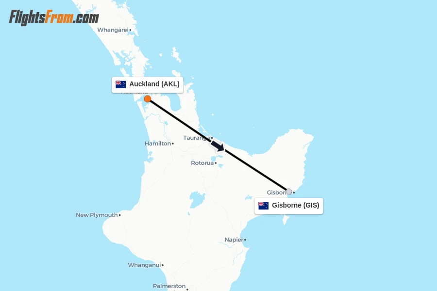 Flights from Auckland to Gisborne route map
