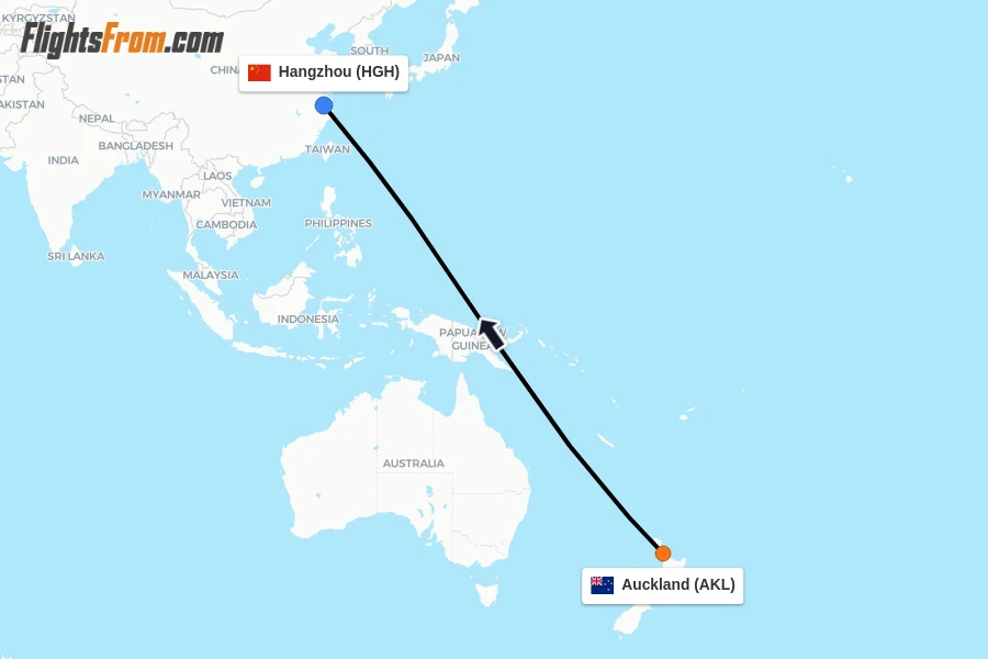 Flights from Auckland to Hangzhou route map